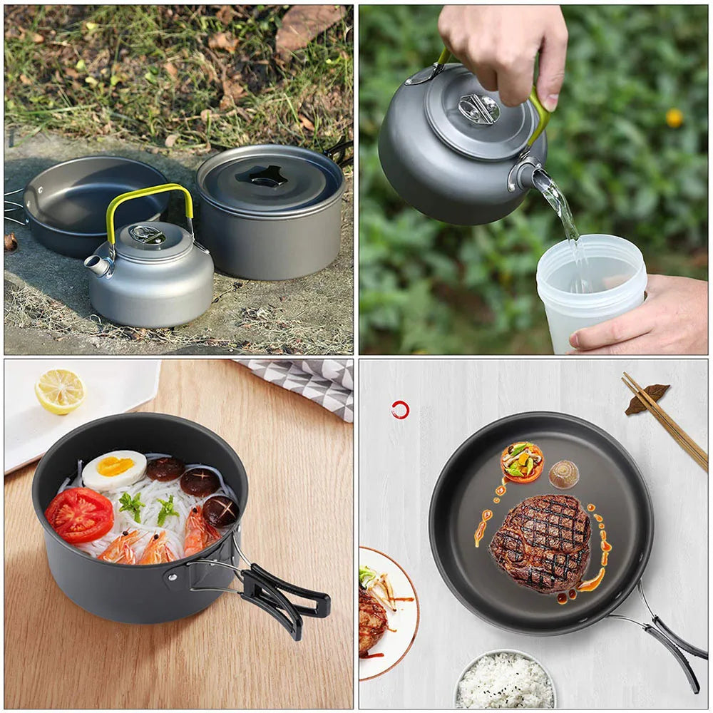 Outdoor Camping Cookware Set Non Stick Aluminium Pot Bowl Picnic BBQ Kit Travel