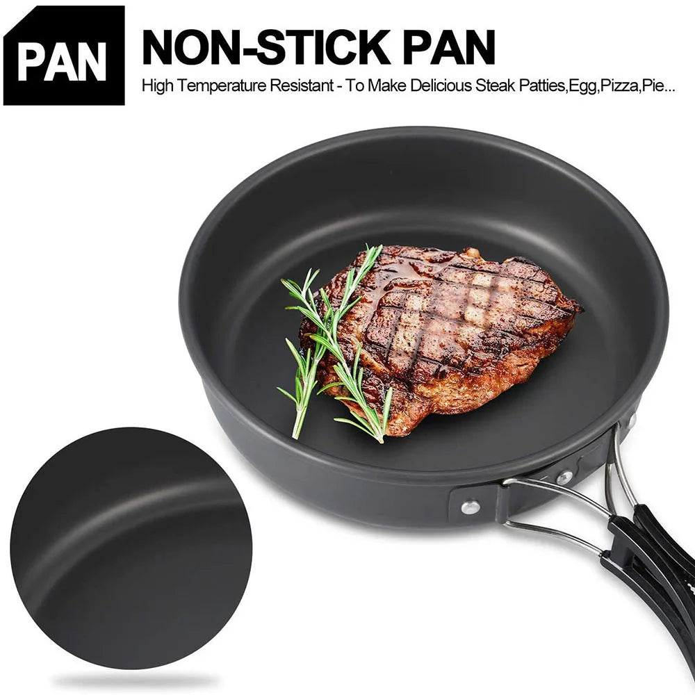 Outdoor Camping Cookware Set Non Stick Aluminium Pot Bowl Picnic BBQ Kit Travel