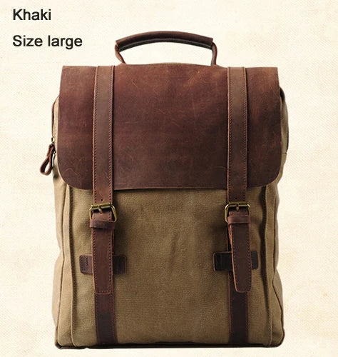 Canvas Leather Backpack Military Style Laptop School Rucksack Casual Travel Daypack Bag
