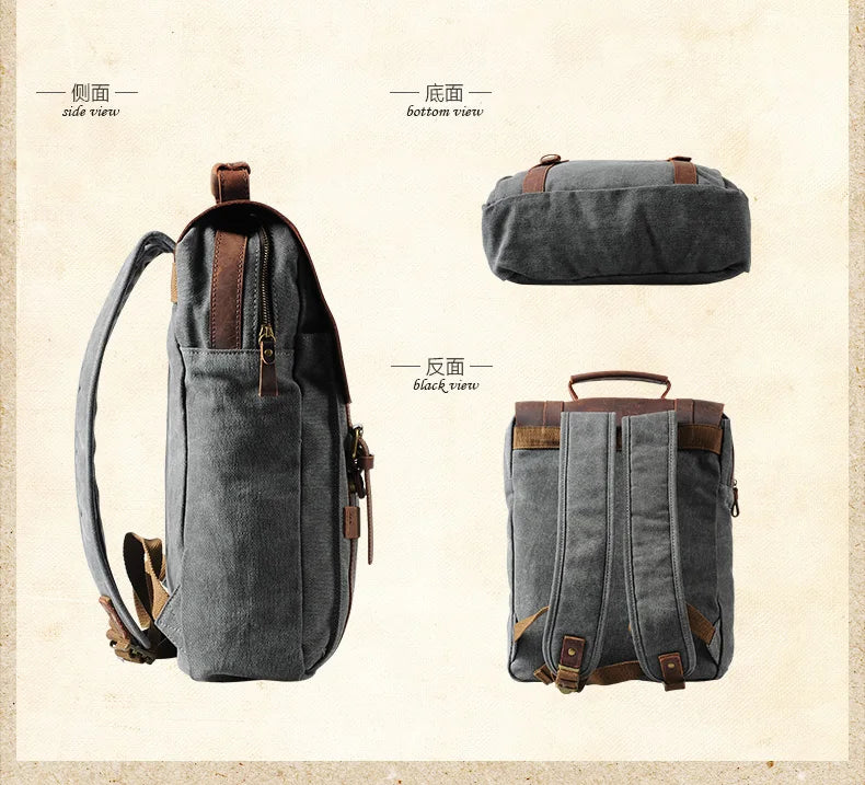 Canvas Leather Backpack Military Style Laptop School Rucksack Casual Travel Daypack Bag