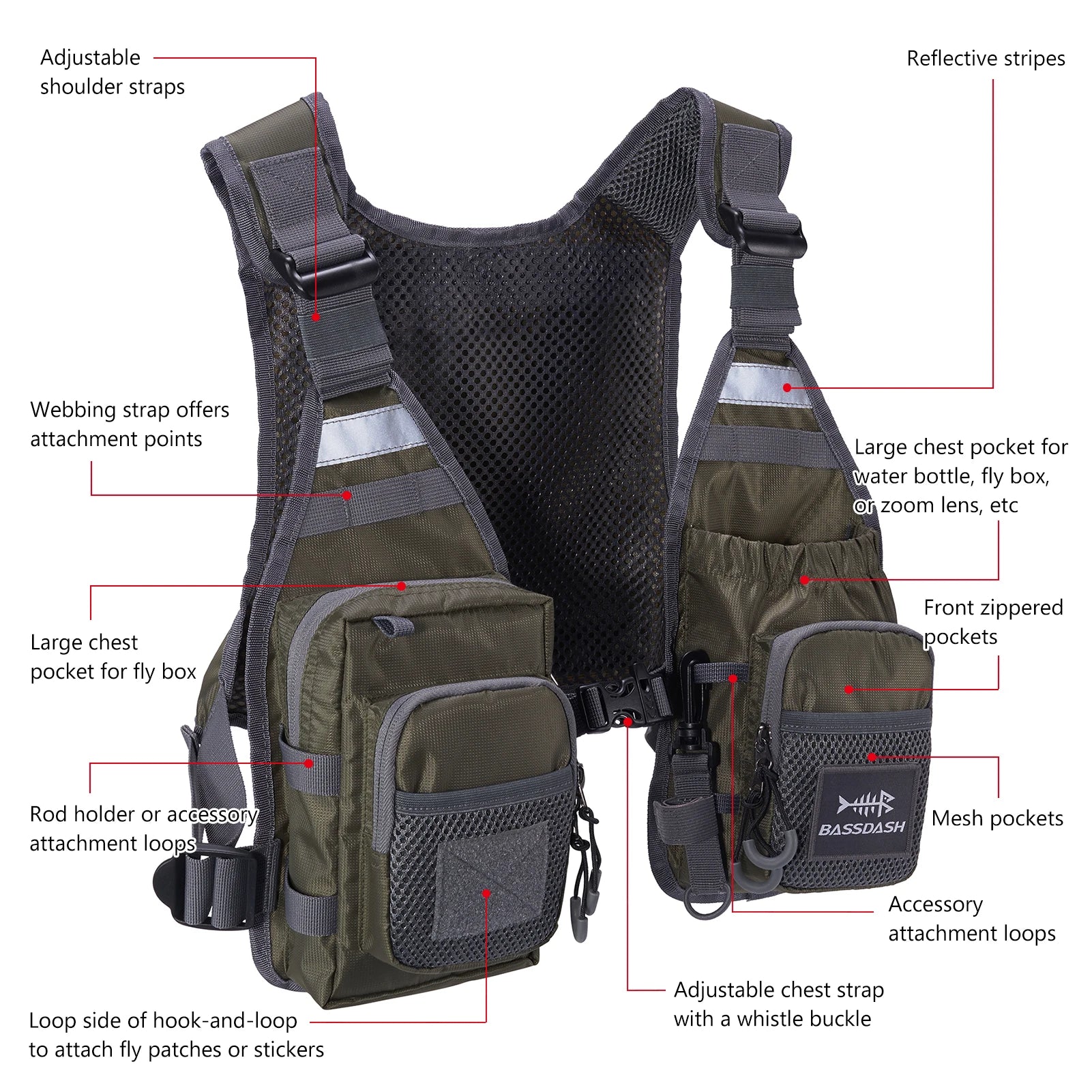 BASSDASH FV08 Ultra Lightweight Backcountry Survival Fly Fishing Vest Portable Chest Pack Adjustable Outdoor Gear