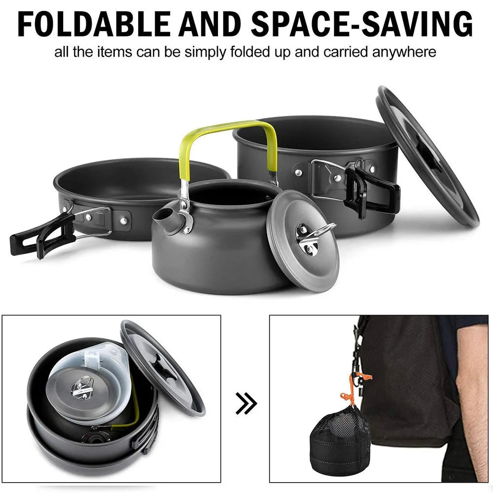 Outdoor Camping Cookware Set Non Stick Aluminium Pot Bowl Picnic BBQ Kit Travel