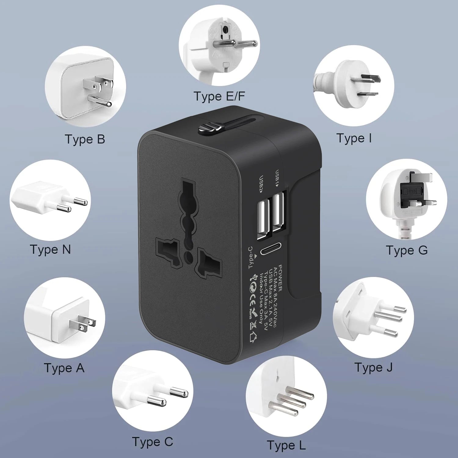 Universal Travel Adapter EU UK US AU Plug with USB Type C Ports