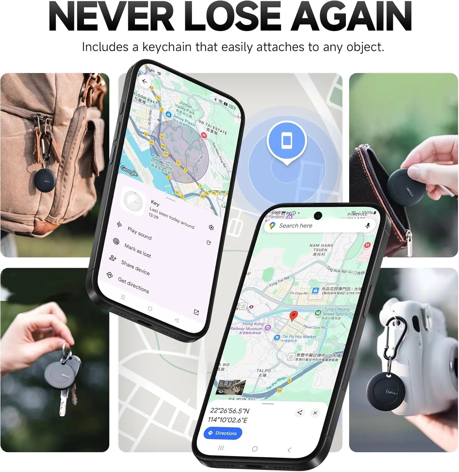 MiLi Bluetooth GPS Tracker, Lost Key Finder for Android Devices, Works With Android Find My device