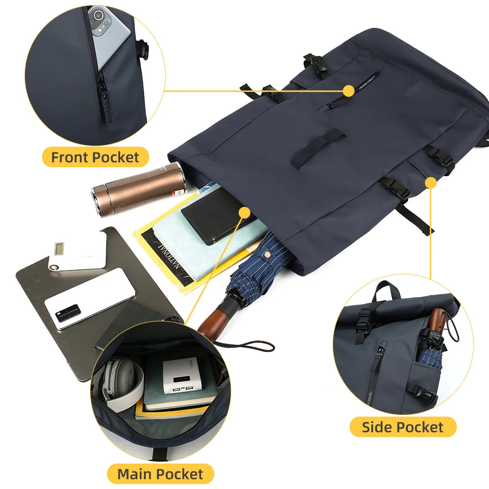 HK 15.6 Inch Anti Theft Travel Laptop Backpack Waterproof USB Roll Top Bag for Business Travel