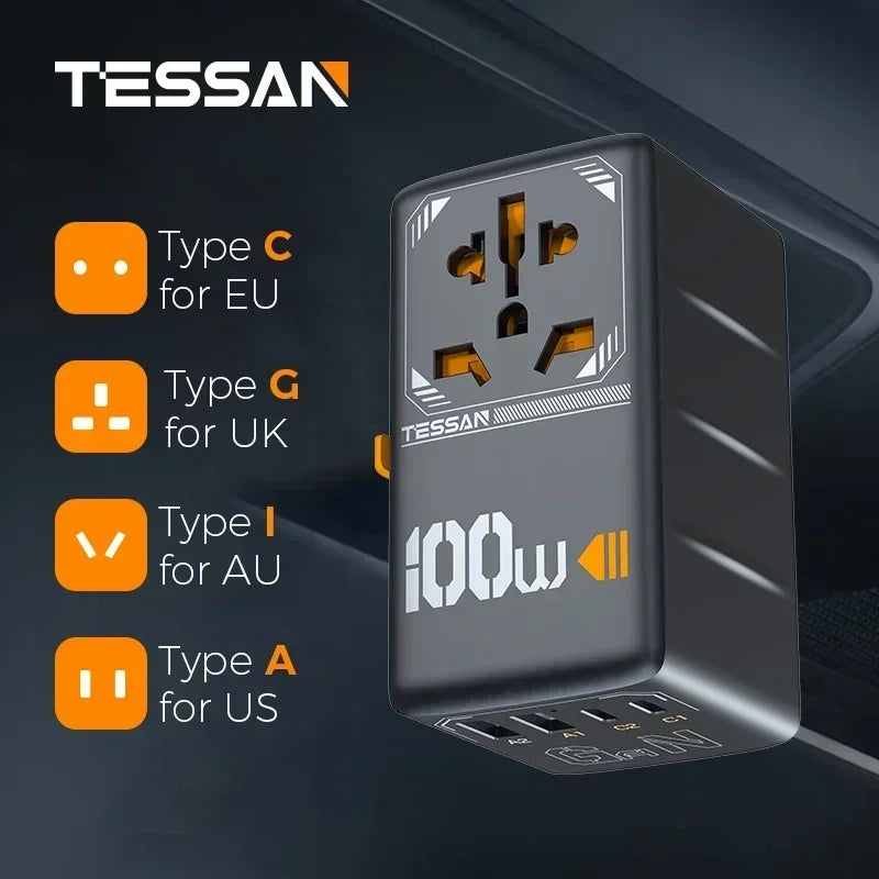 TESSAN 100W GaN Universal Travel Adapter USB C PD EU UK US AU Plug