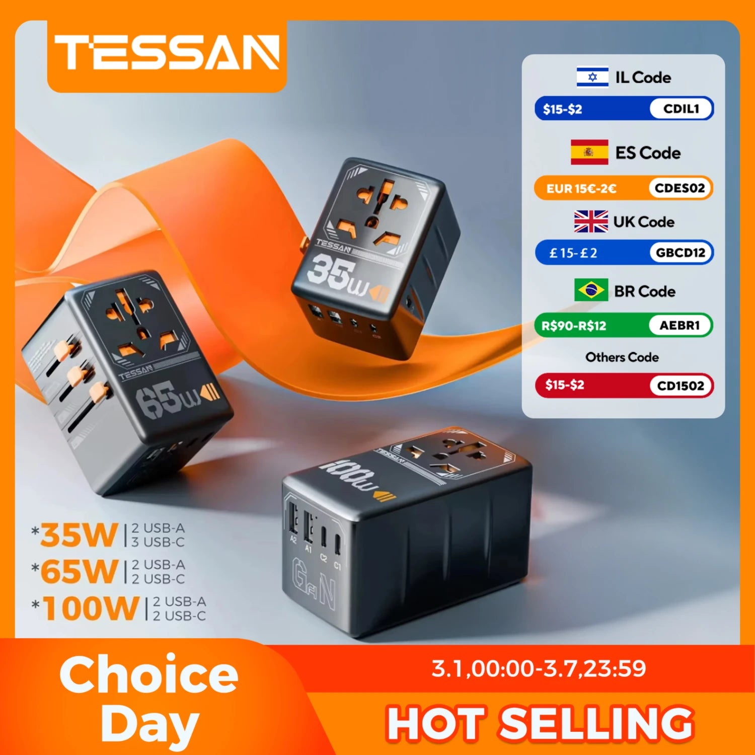 TESSAN 100W GaN Universal Travel Adapter USB C PD EU UK US AU Plug