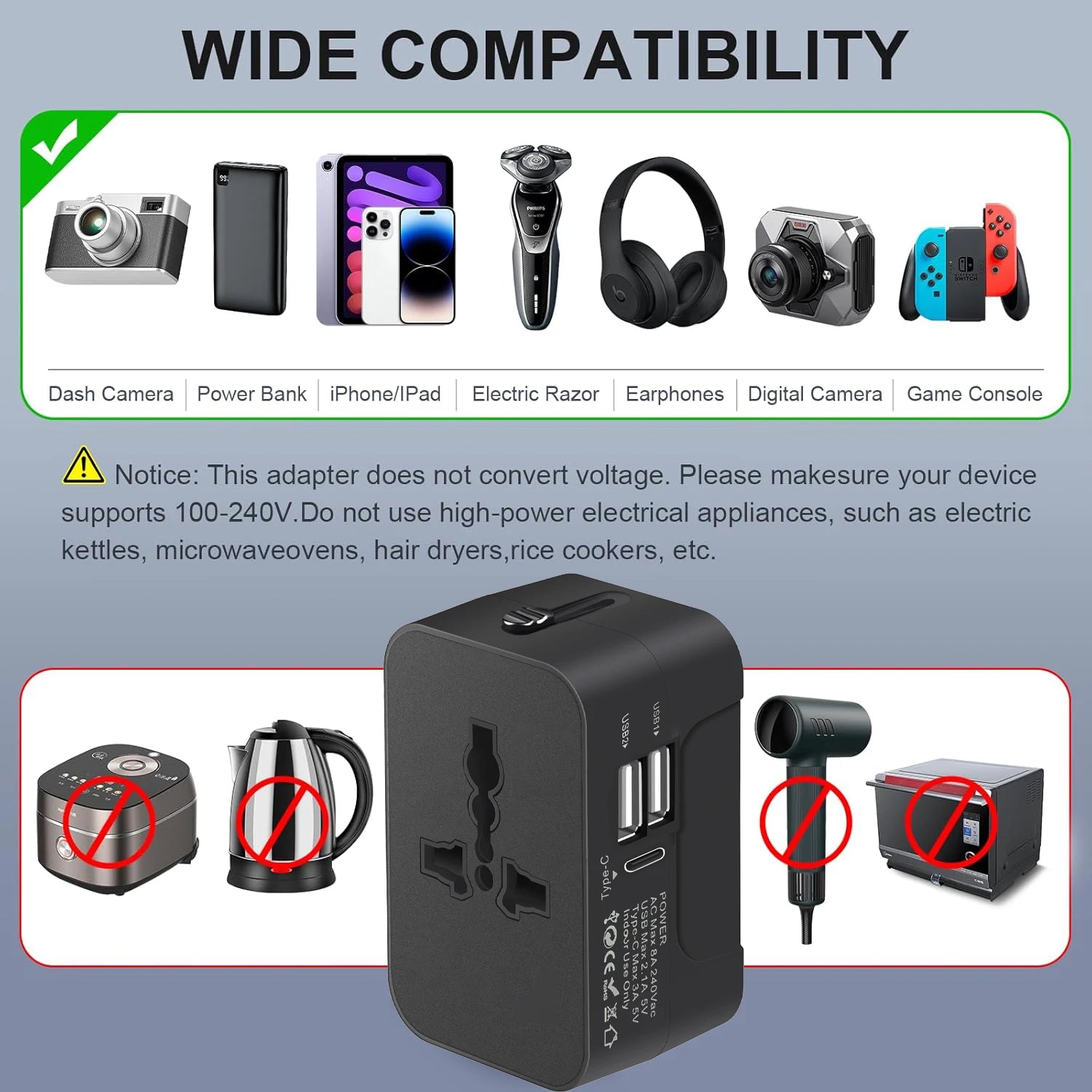 Universal Travel Adapter EU UK US AU Plug with USB Type C Ports