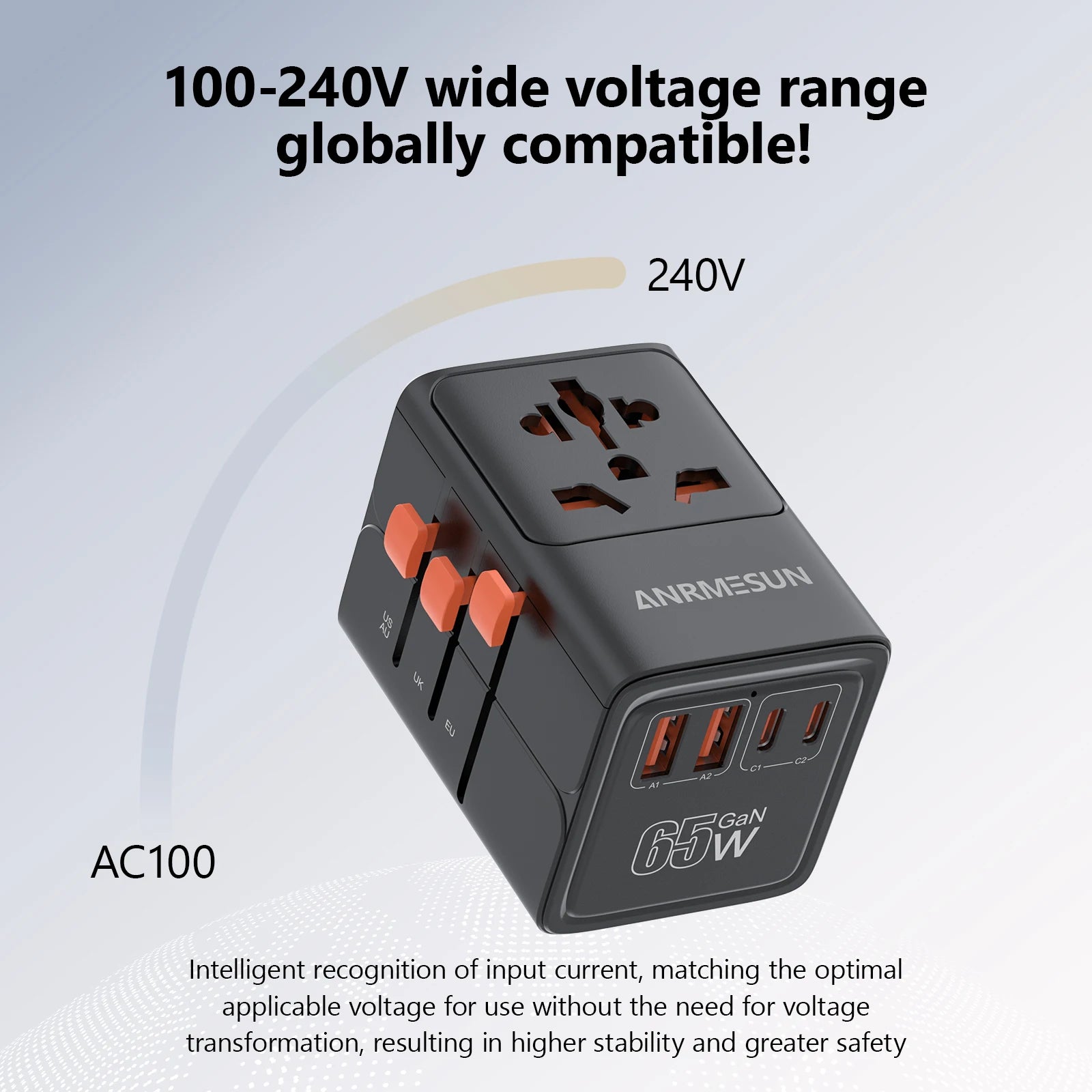 JINGMIN Universal Travel Adapter 2400W 4 AC 2 USB 2 USB-C PD 65W