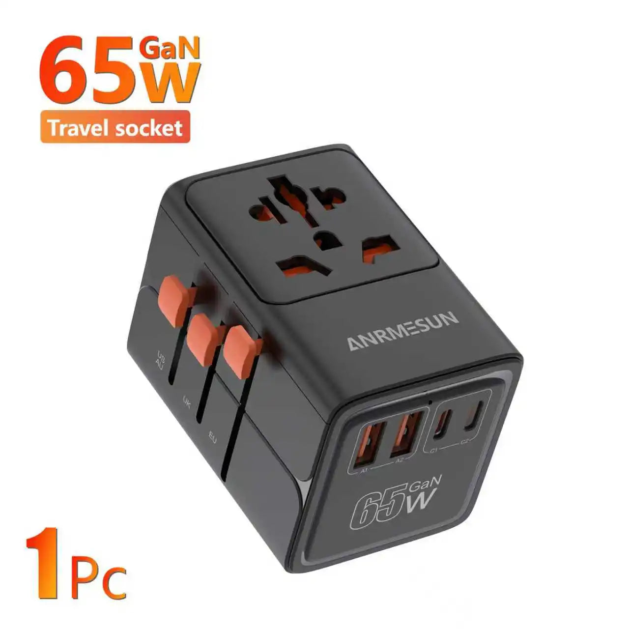 JINGMIN Universal Travel Adapter 2400W 4 AC 2 USB 2 USB-C PD 65W