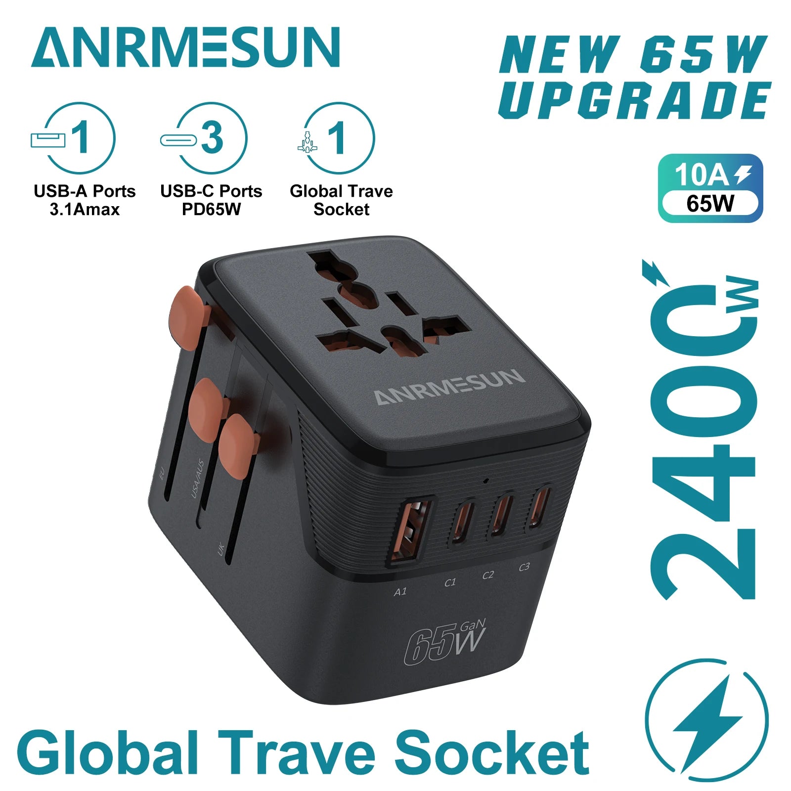 JINGMIN Universal Travel Adapter 2400W 4 AC 2 USB 2 USB-C PD 65W