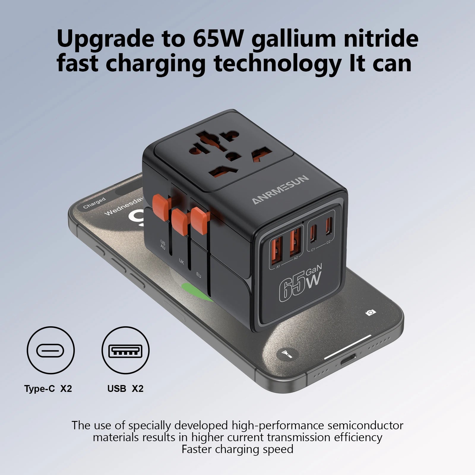 JINGMIN Universal Travel Adapter 2400W 4 AC 2 USB 2 USB-C PD 65W