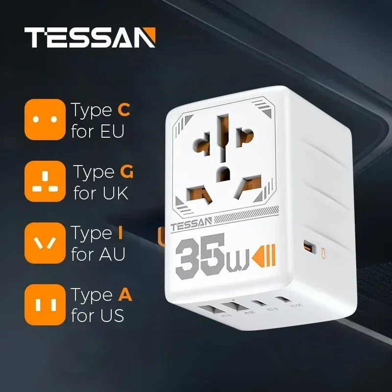 TESSAN 100W GaN Universal Travel Adapter USB C PD EU UK US AU Plug
