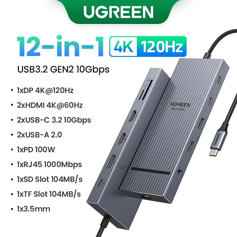 12 in 1 USB C Hub Docking Station 4K HDMI DP 100W PD RJ45 SD for MacBook Dell HP Laptop Docking