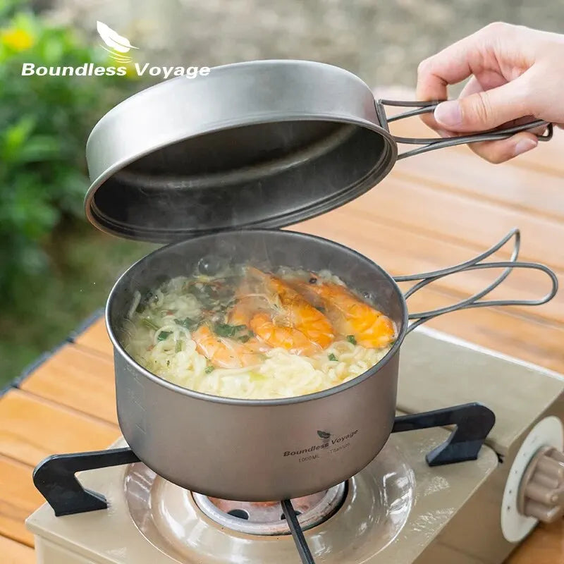 BOUNDLESS VOYAGE Titanium Camping Pot Pan Set Ultralight Cookware with Folding Handles