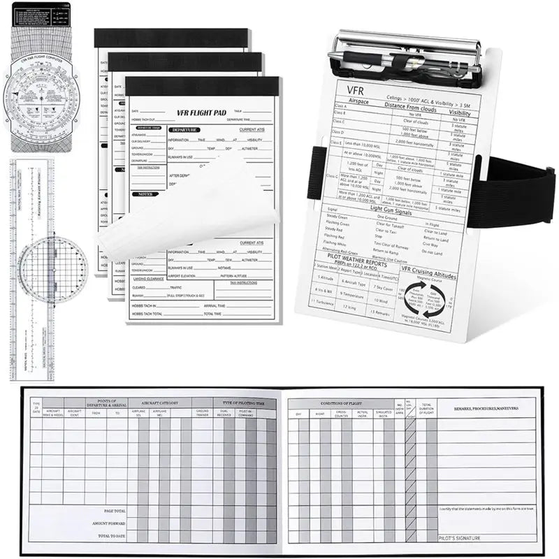 Aviation Pilot Kneeboard Clipboard Set with Chart Plotter Logbook Notepads and Navigation Tools