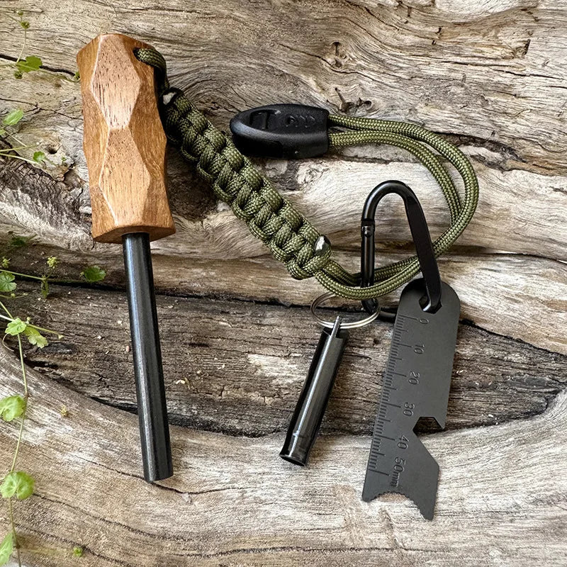 Outdoor Flint Fire Starter Waterproof Magnesium Rod Survival Tool with Wood Handle for Camping