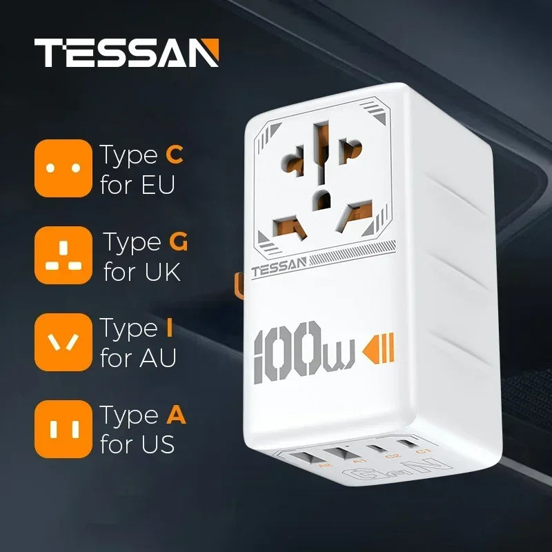 TESSAN 100W GaN Universal Travel Adapter USB C PD EU UK US AU Plug