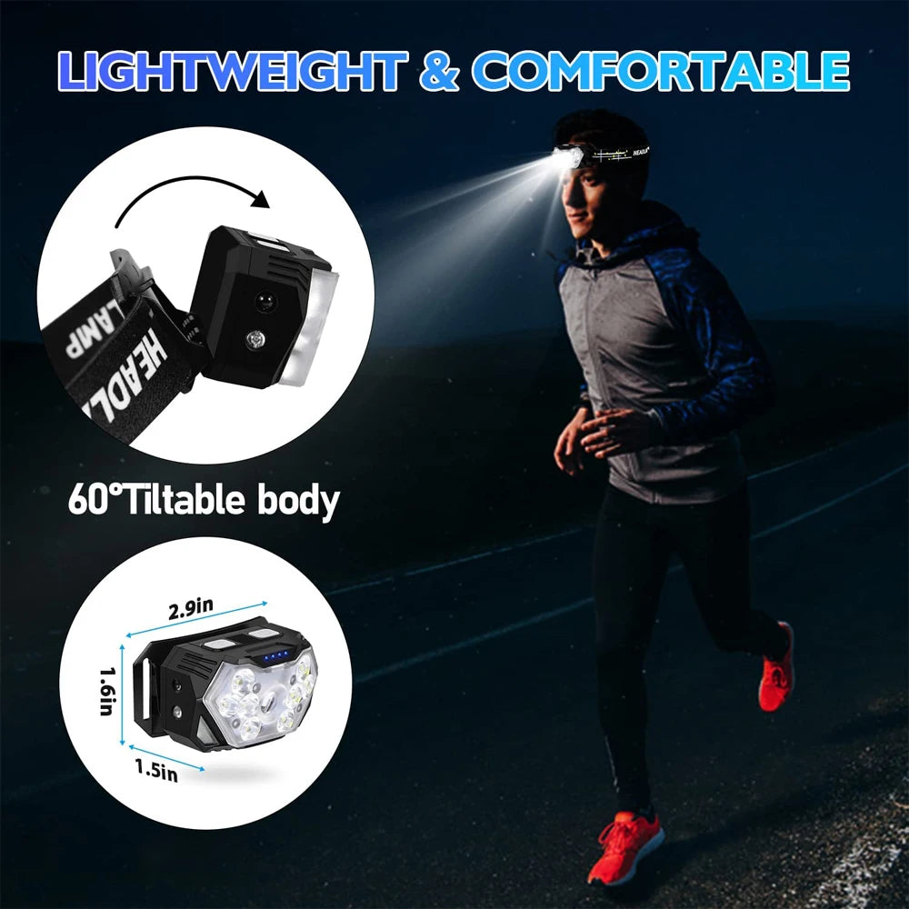 9 LED Rechargeable Headlamp with Motion Sensor, Waterproof Outdoor Head Torch