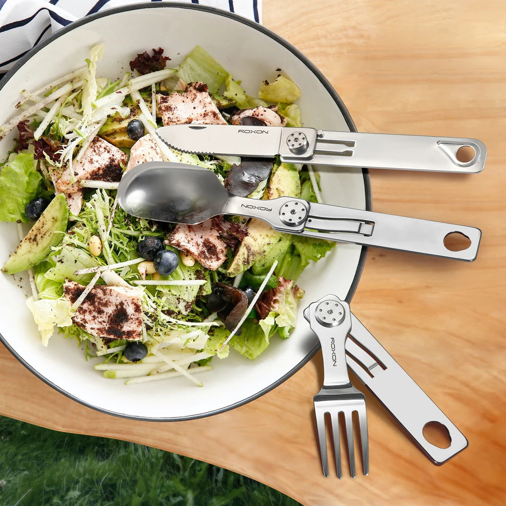 ROXON 3 in 1 Stainless Steel Camping Cutlery Set Portable