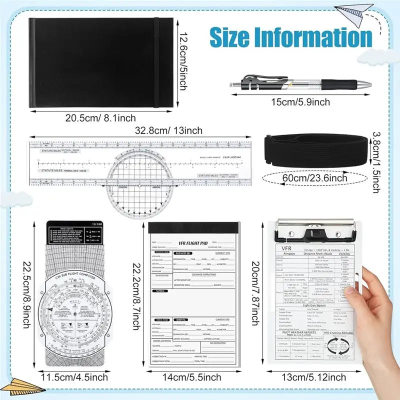 Aviation Pilot Kneeboard Clipboard Set with Chart Plotter Logbook Notepads and Navigation Tools