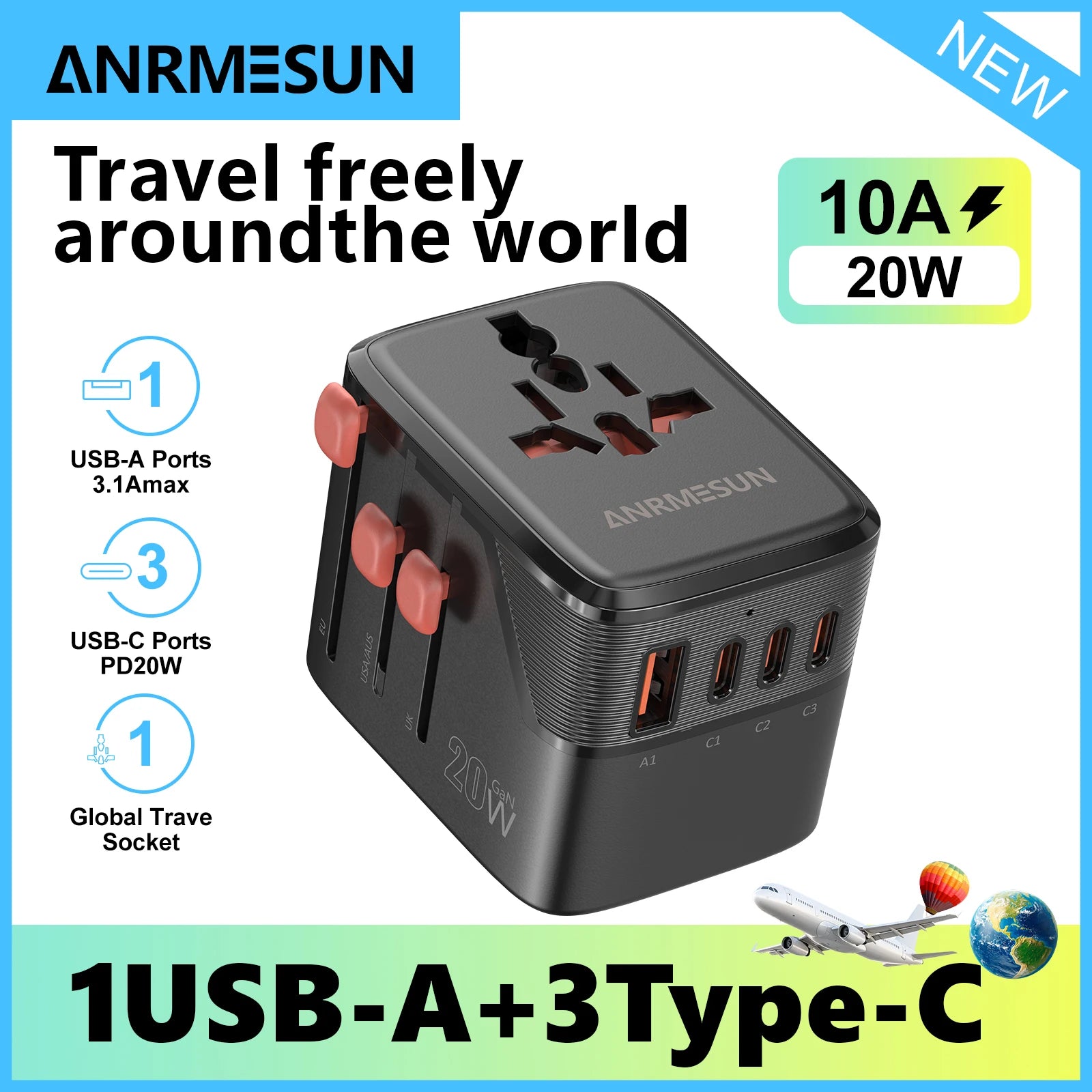 JINGMIN Universal Travel Adapter 2400W 4 AC 2 USB 2 USB-C PD 65W