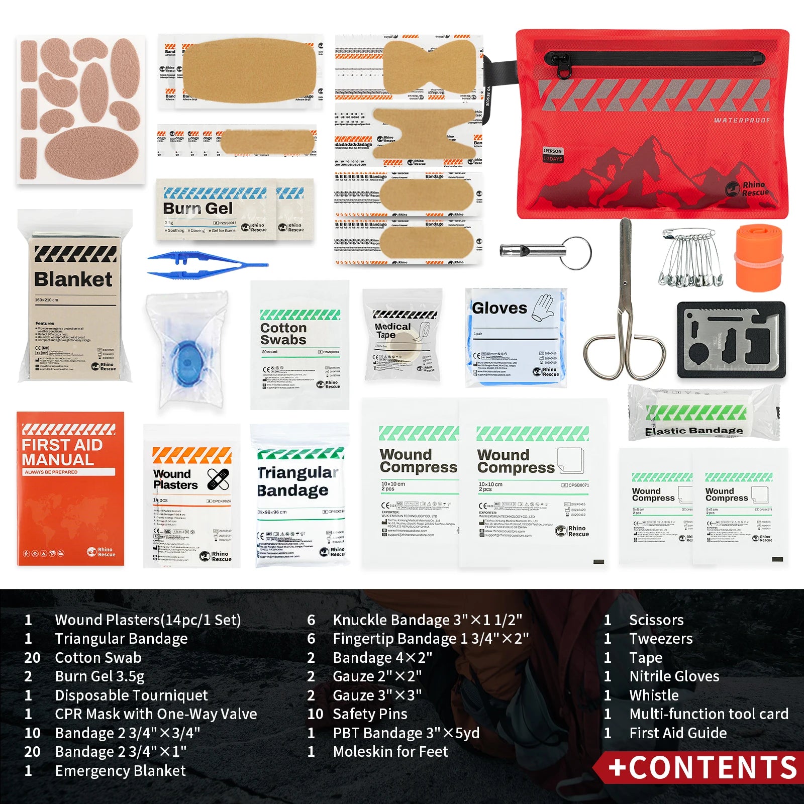 RHINO RESCUE Waterproof First Aid Kit 107 Piece Ultralight Travel Medical Kit, Small First Aid Kit