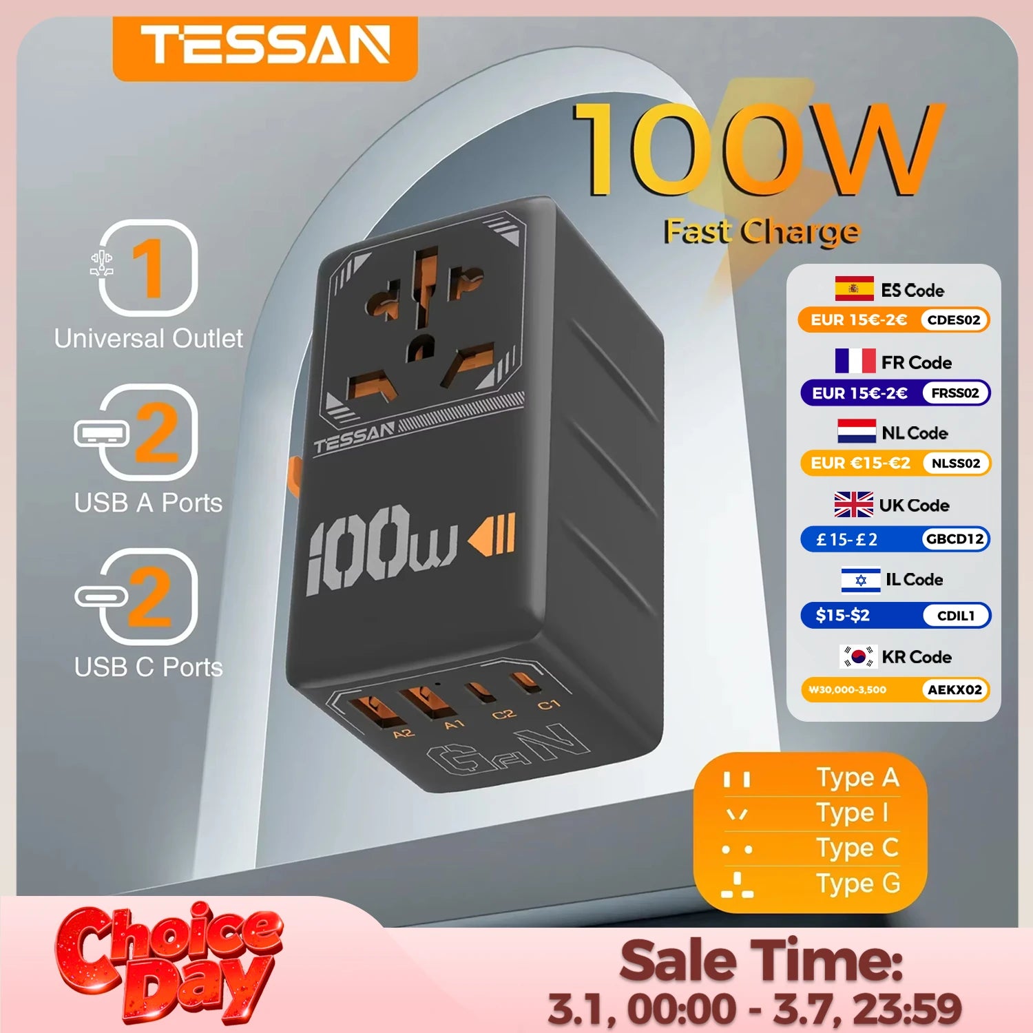 TESSAN 100W GaN Universal Travel Adapter USB C PD EU UK US AU Plug