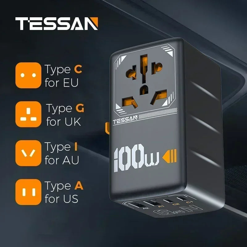 TESSAN 100W GaN Universal Travel Adapter USB C PD EU UK US AU Plug
