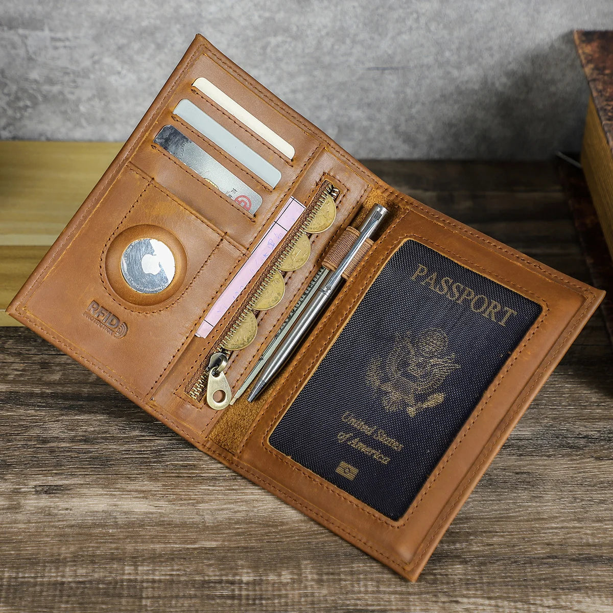 CONTACT'S Genuine Leather Passport Wallet Card Holder Coin Purse with AirTag Slot Travel Case