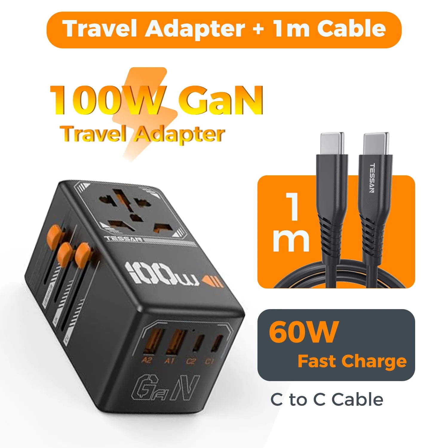 TESSAN 100W GaN Universal Travel Adapter USB C PD EU UK US AU Plug