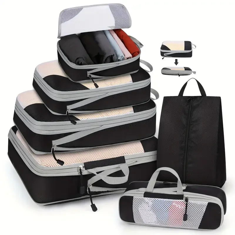 6PCS Travel Compression Packing Cubes Set Mesh Luggage Organiser Shoe Bag Storage
