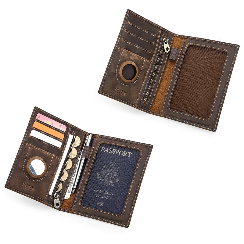 CONTACT'S Genuine Leather Passport Wallet Card Holder Coin Purse with AirTag Slot Travel Case