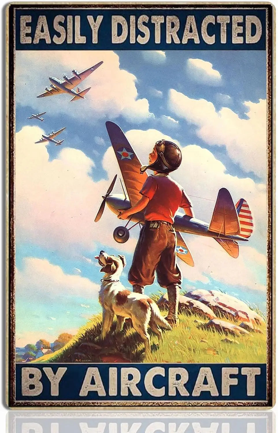 Vintage Airplane Metal Tin Sign Easily Distracted Aviation Wall Art Decor