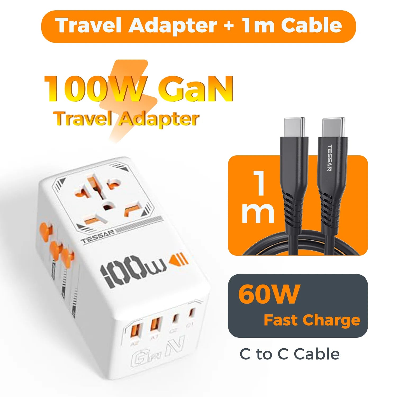 TESSAN 100W GaN Universal Travel Adapter USB C PD EU UK US AU Plug