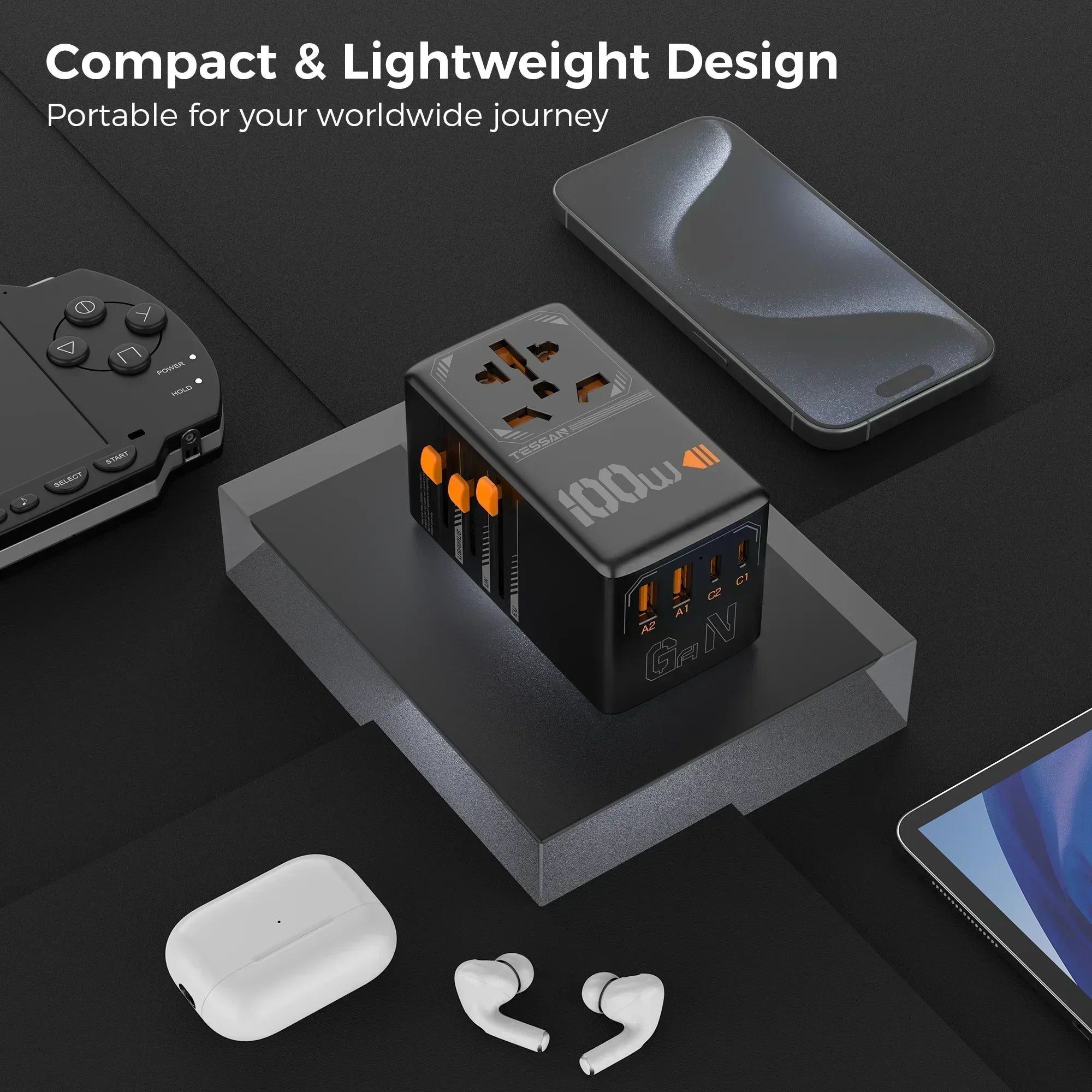 TESSAN 100W GaN Universal Travel Adapter USB C PD EU UK US AU Plug
