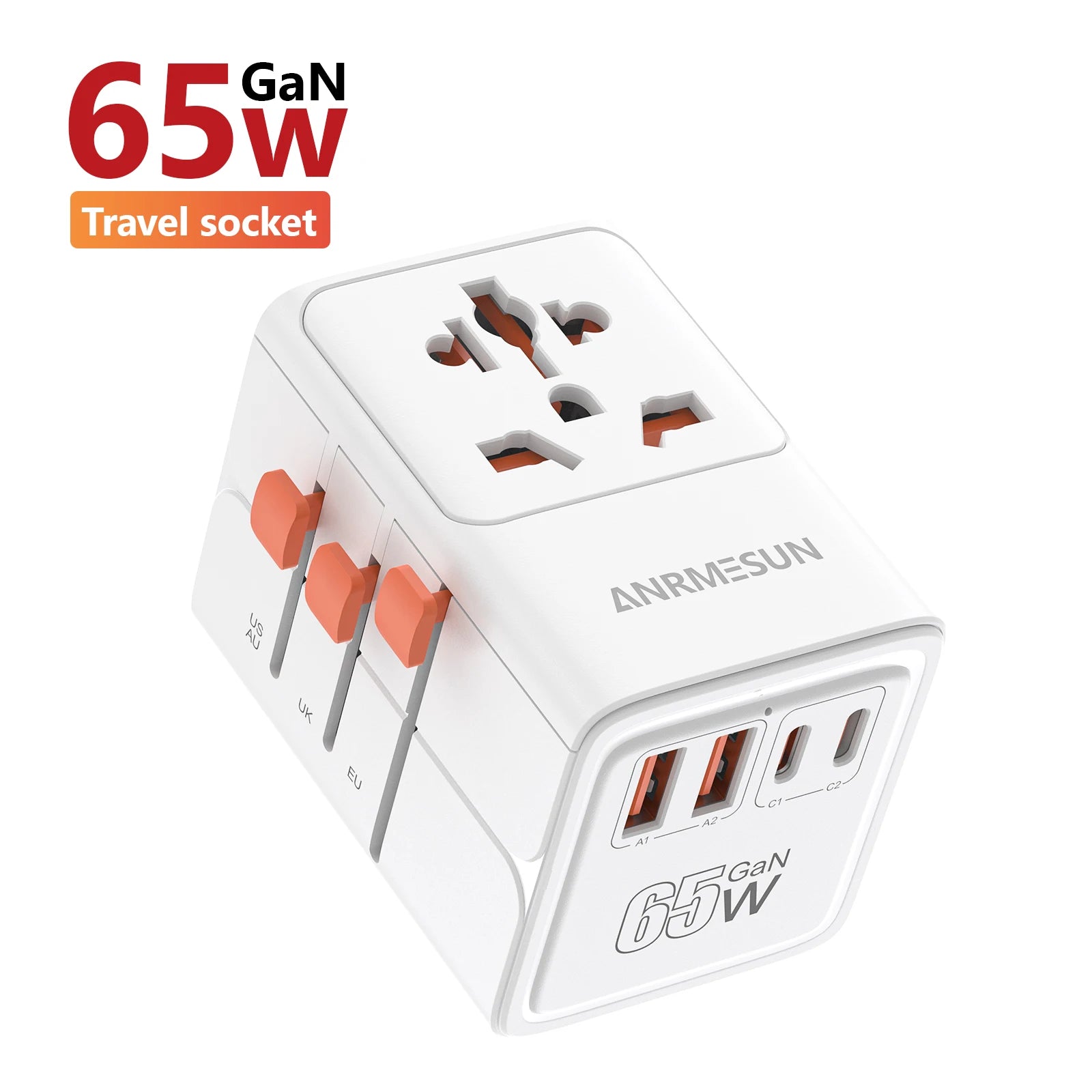 JINGMIN Universal Travel Adapter 2400W 4 AC 2 USB 2 USB-C PD 65W