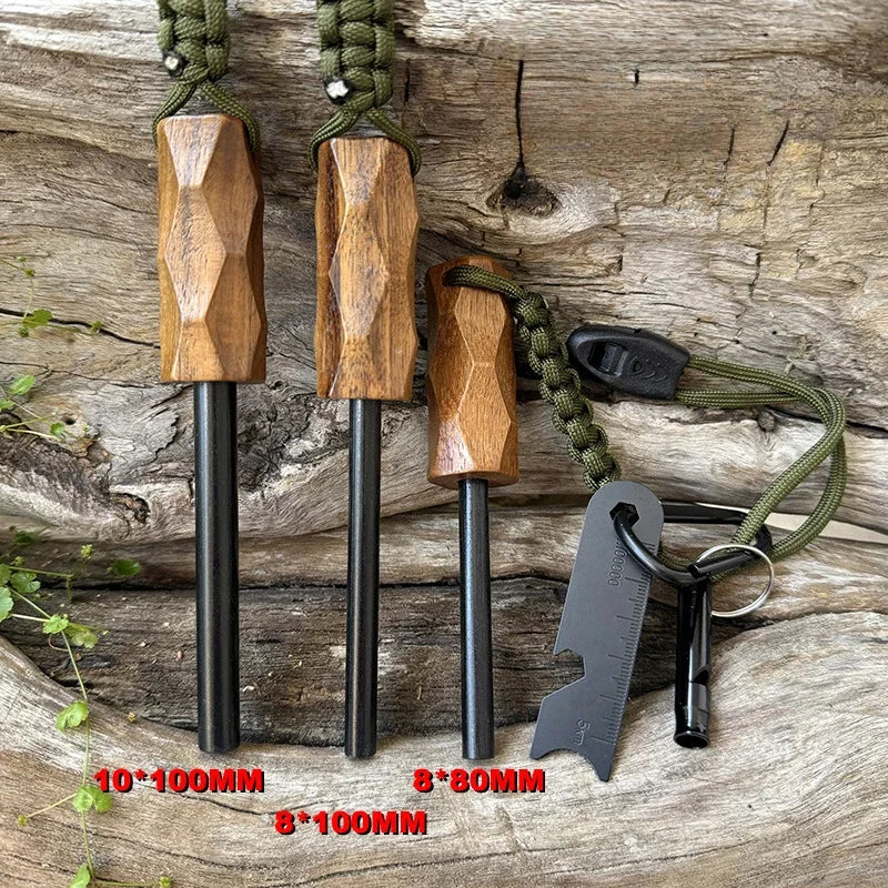 Outdoor Flint Fire Starter Waterproof Magnesium Rod Survival Tool with Wood Handle for Camping