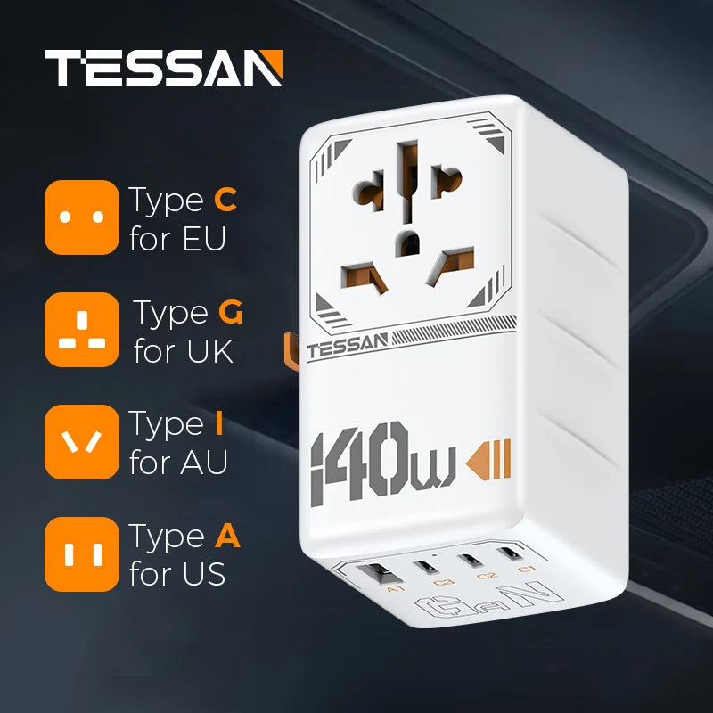 TESSAN 100W GaN Universal Travel Adapter USB C PD EU UK US AU Plug