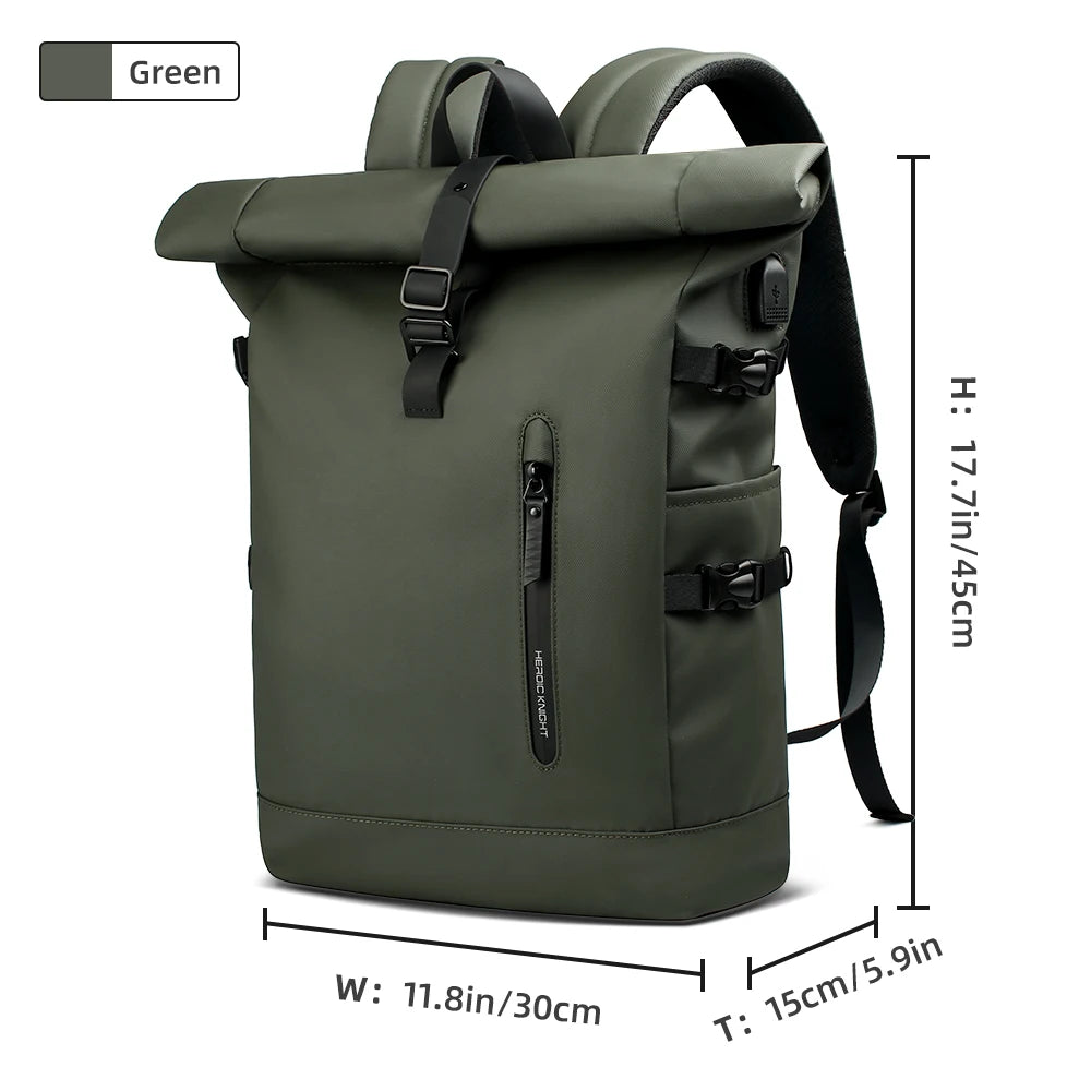 HK 15.6 Inch Anti Theft Travel Laptop Backpack Waterproof USB Roll Top Bag for Business Travel