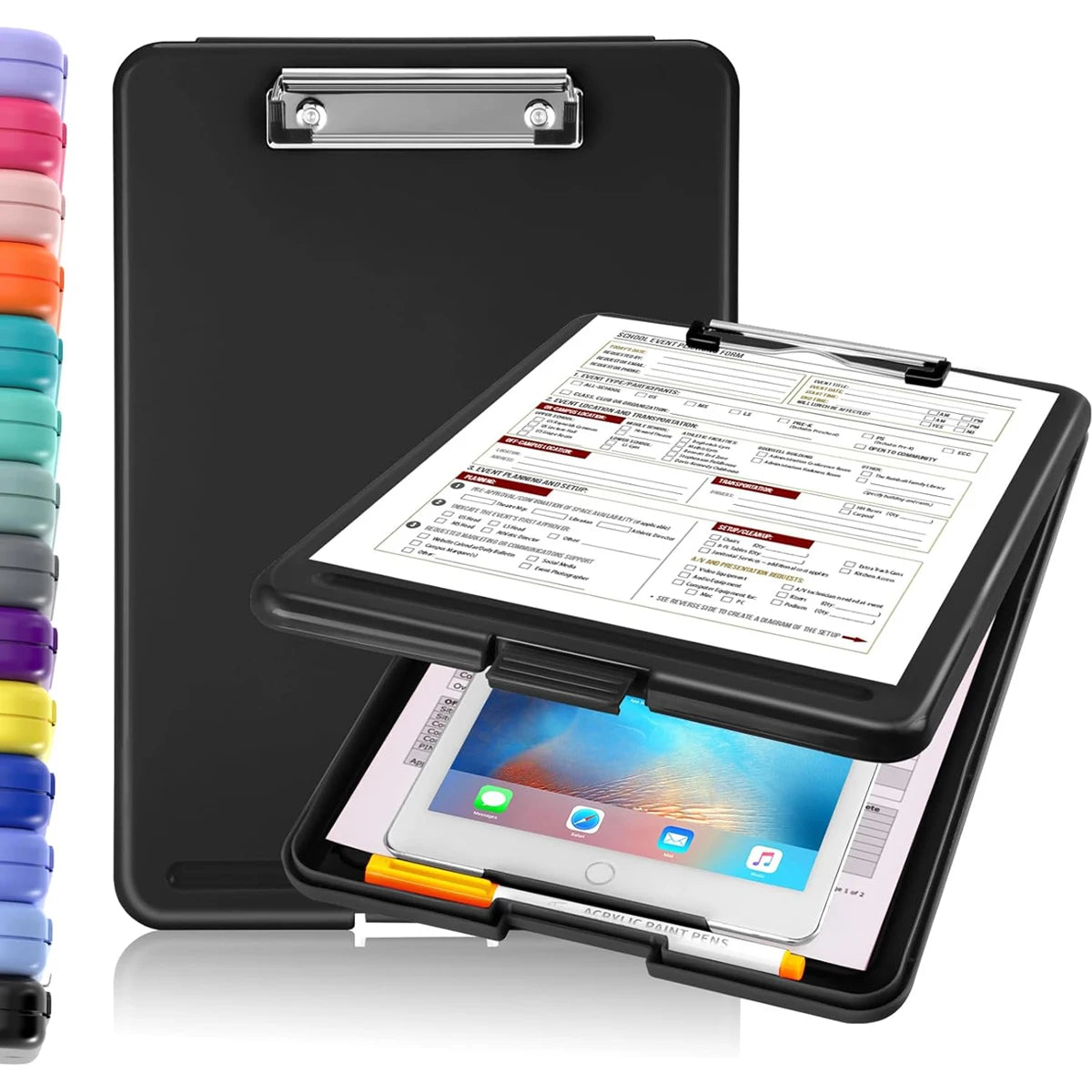 Storage Clipboard 9.5 x 13 Inch Foldable Writing Board with Low Profile Clip and Internal Storage