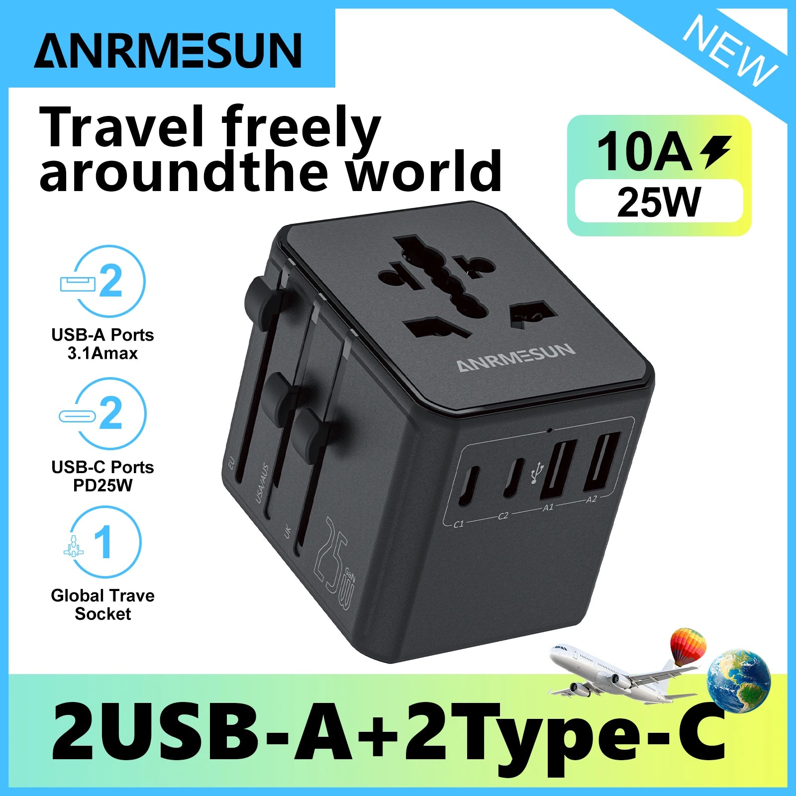 JINGMIN Universal Travel Adapter 2400W 4 AC 2 USB 2 USB-C PD 65W