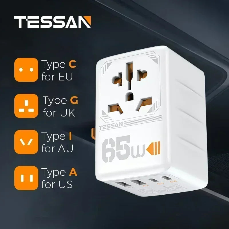 TESSAN 100W GaN Universal Travel Adapter USB C PD EU UK US AU Plug