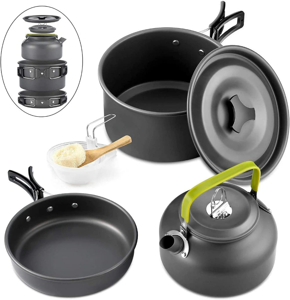 Outdoor Camping Cookware Set Non Stick Aluminium Pot Bowl Picnic BBQ Kit Travel