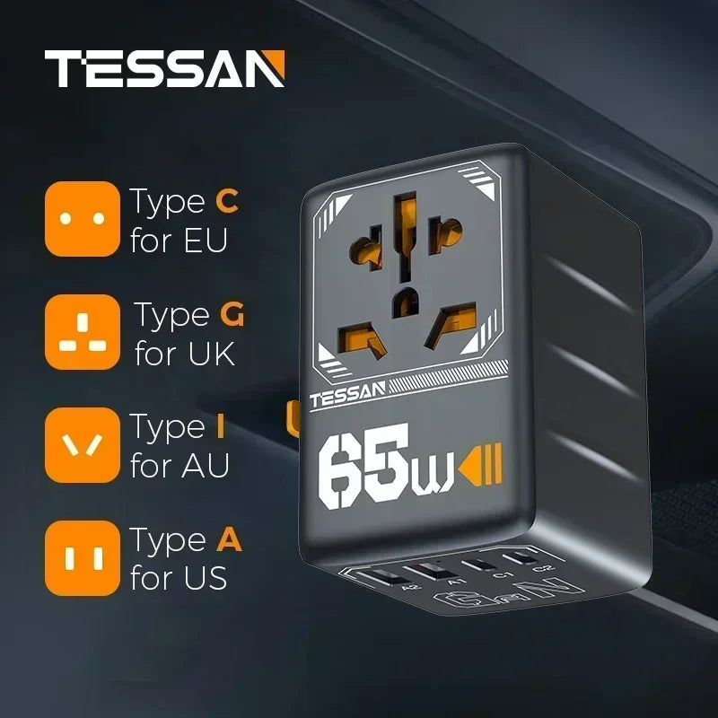 TESSAN 100W GaN Universal Travel Adapter USB C PD EU UK US AU Plug