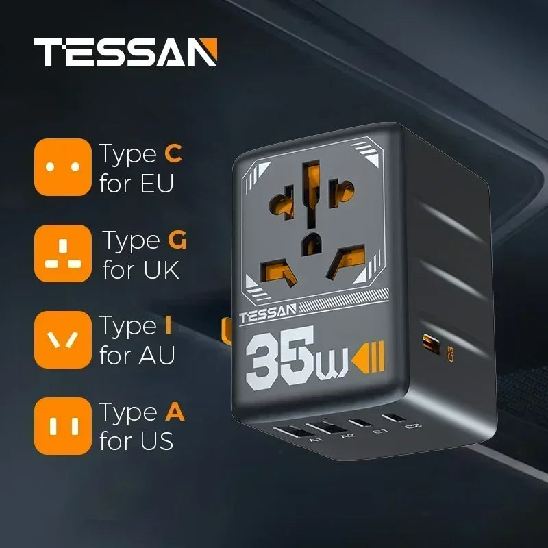TESSAN 100W GaN Universal Travel Adapter USB C PD EU UK US AU Plug