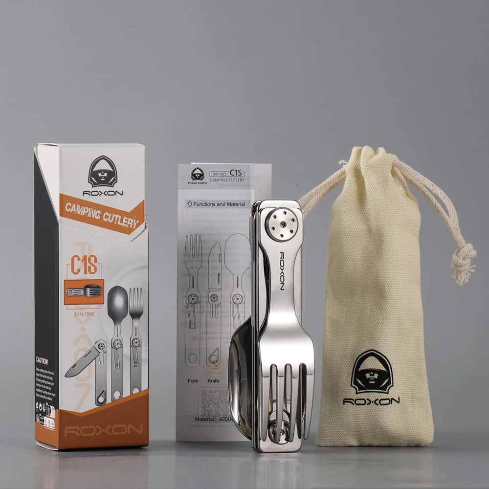 ROXON 3 in 1 Stainless Steel Camping Cutlery Set Portable