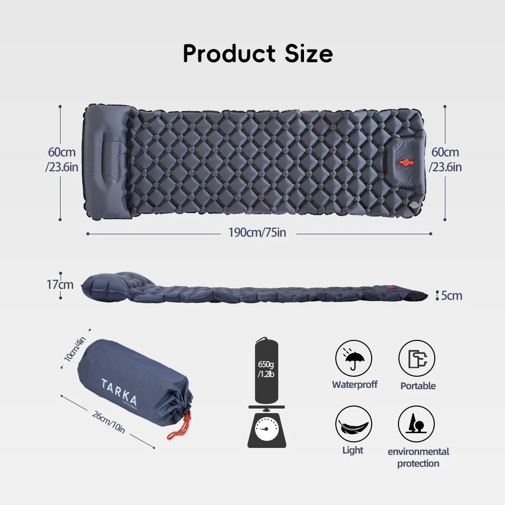 TARKA Inflatable Camping Mat Air Mattress with Pillow Ultralight Hiking Sleeping Pad Outdoor