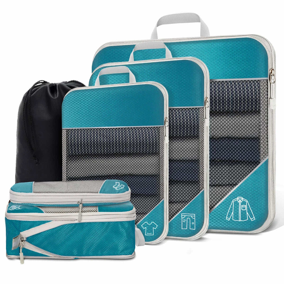 6PCS Travel Compression Packing Cubes Set Mesh Luggage Organiser Shoe Bag Storage