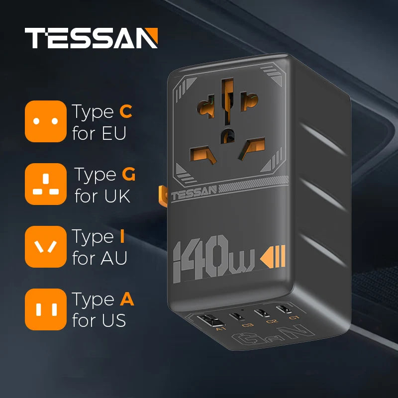 TESSAN 100W GaN Universal Travel Adapter USB C PD EU UK US AU Plug